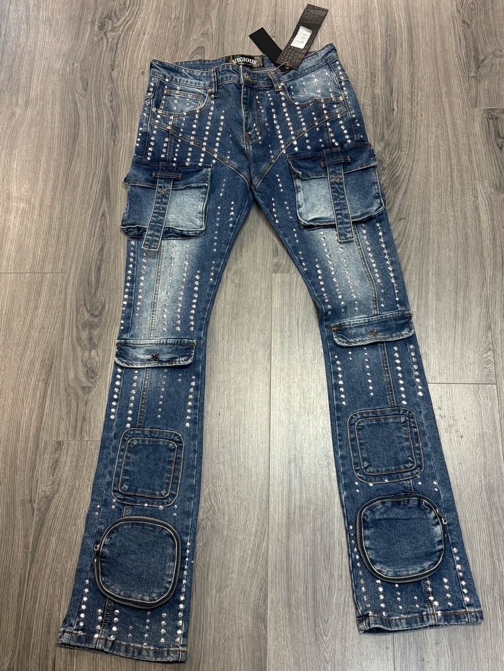 Studded Dark Blue Bootcut Men's Jeans with Cargo Pockets